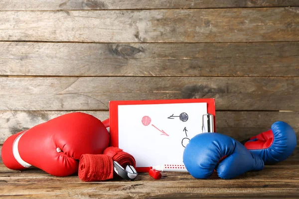 Clipboard Drawn Scheme Boxing Game Gloves Dark Wooden Background — Foto de Stock