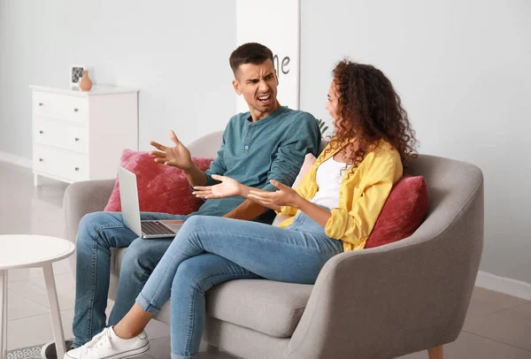 Angry Young Man His Wife Quarrelling Sofa Home — Foto de Stock