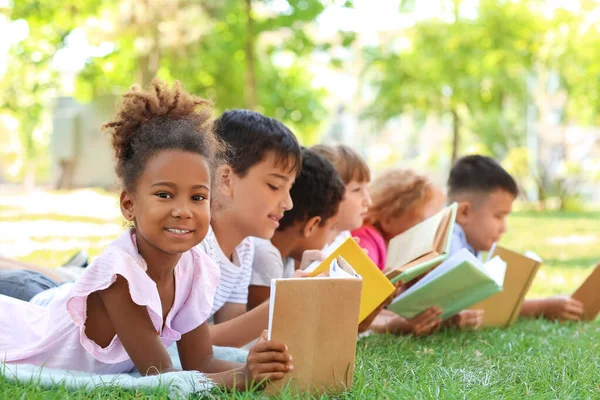 Cute Little Children Reading Books Park — Stock Photo, Image