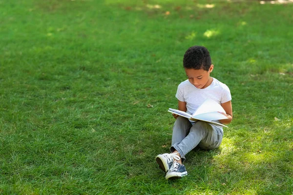 Little African American Boy Reading Book Grass Park — Stock Photo, Image