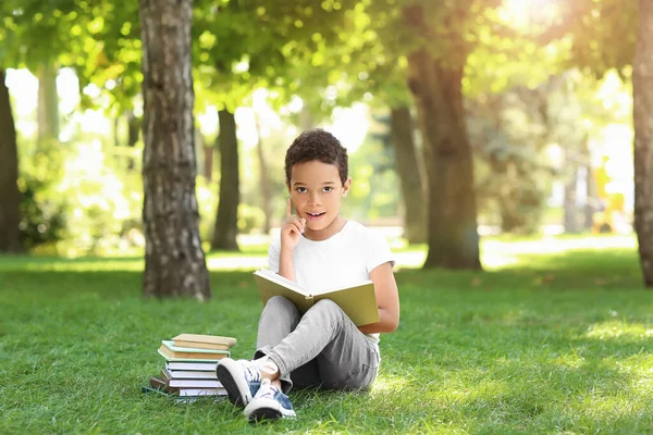 Little African American Boy Raised Index Finger Reading Book Park — Stock Photo, Image