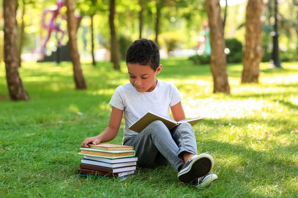 Kleiner Afroamerikanischer Junge Mit Büchern Sitzt Auf Gras Park — Stockfoto