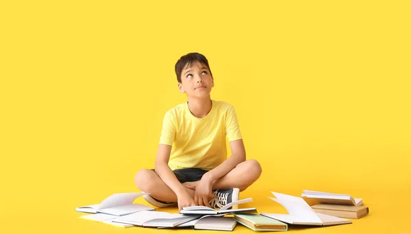 Little Boy Open Books Yellow Background — Stock Fotó