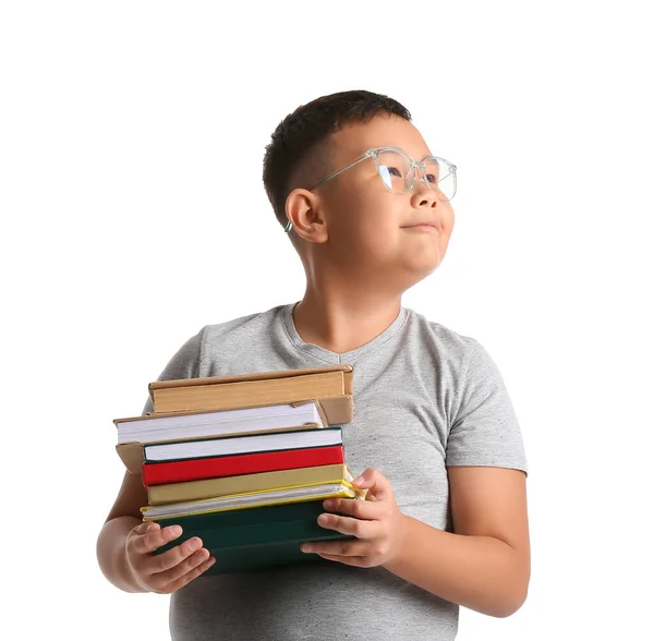 Liten Asiatisk Pojke Glasögon Med Böcker Vit Bakgrund — Stockfoto