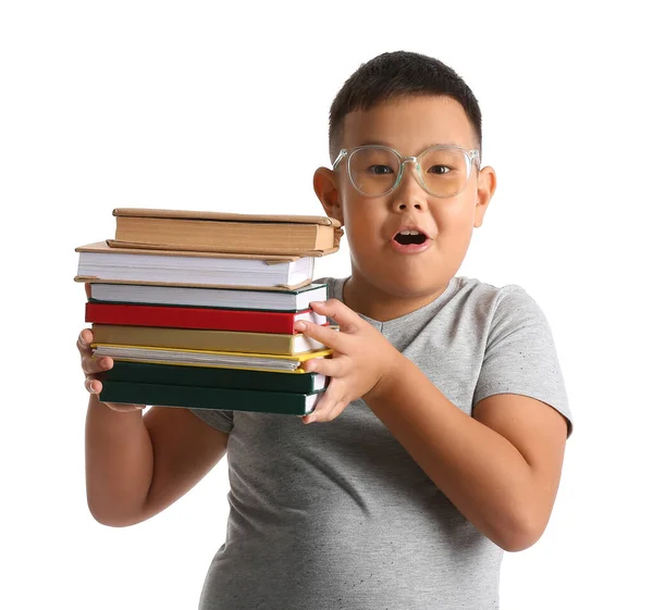 Surprised Little Asian Boy Eyeglasses Books White Background — Stockfoto