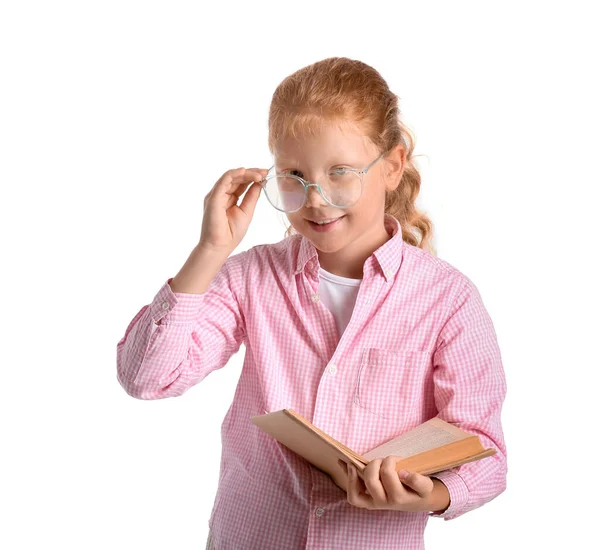 Little Redhead Girl Eyeglasses Book White Background — Stockfoto