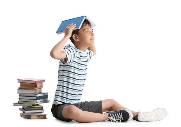 Little Boy Books Sitting White Background — Stockfoto
