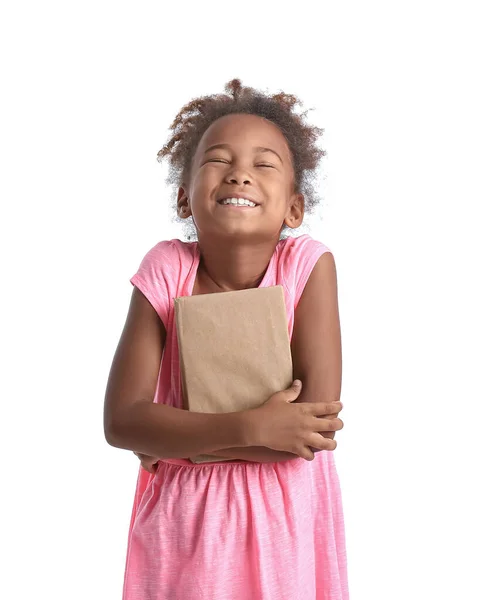 Happy Little African American Girl Book White Background — стокове фото