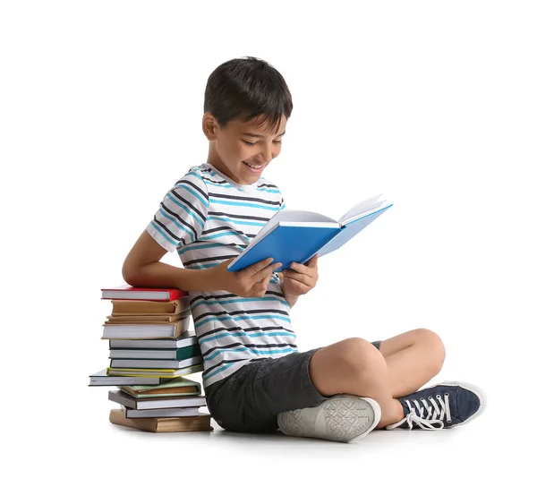 Cute Little Boy Reading Interesting Book White Background —  Fotos de Stock