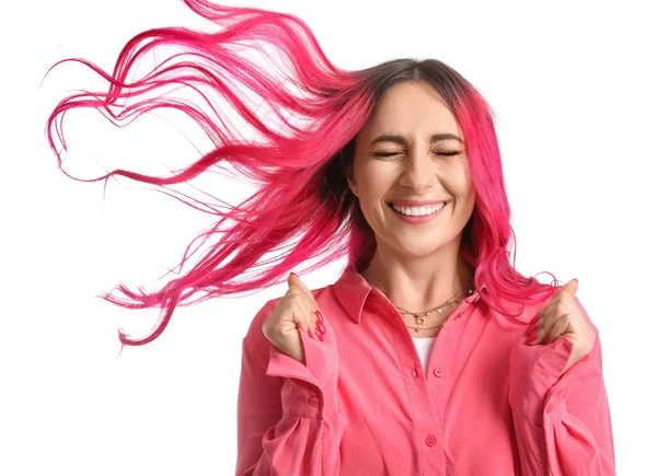 Beautiful Woman Bright Pink Hair White Background — Stockfoto