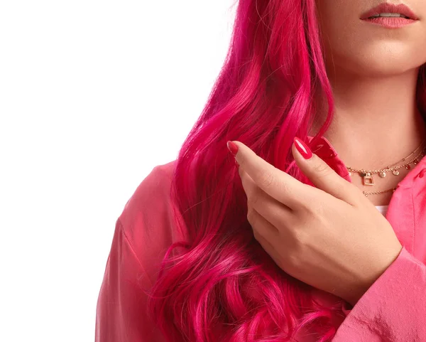 Beautiful Woman Bright Pink Hair White Background Closeup — Photo