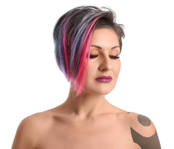 Beautiful Woman Short Dyed Hair White Background Closeup — Stockfoto