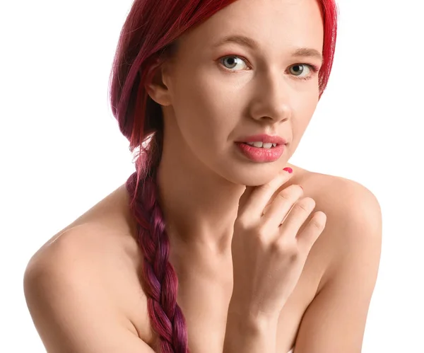 Beautiful Young Woman Bright Hair White Background Closeup — Fotografia de Stock