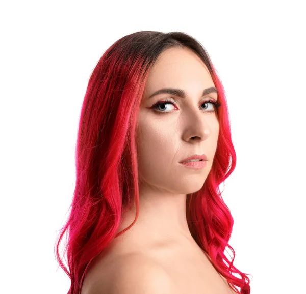 Beautiful Woman Bright Pink Hair White Background Closeup — Stock Photo, Image