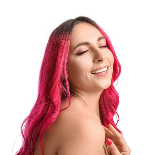 Beautiful Woman Bright Pink Hair White Background Closeup — Stock Fotó