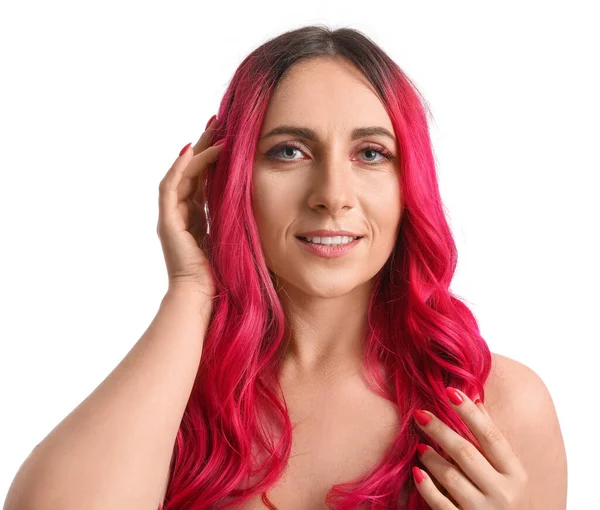 Mulher Bonita Com Cabelo Rosa Brilhante Fundo Branco Close — Fotografia de Stock