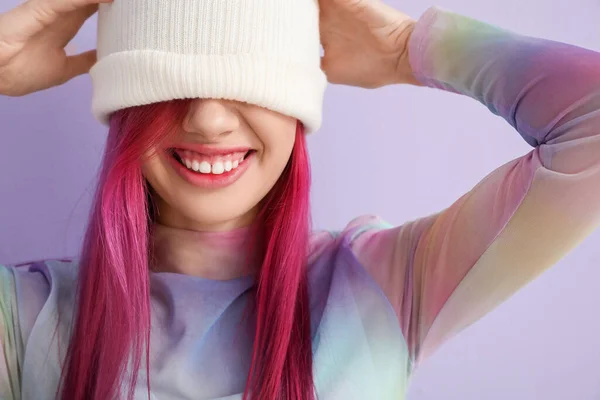 Beautiful Young Woman Bright Hair Lilac Background Closeup — Stockfoto