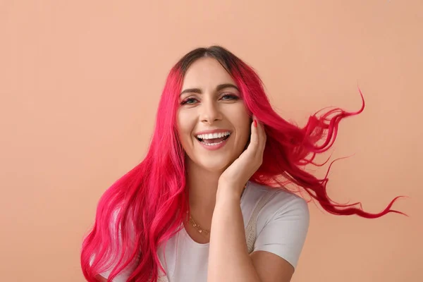 Beautiful Woman Bright Pink Hair Beige Background — Stock Photo, Image
