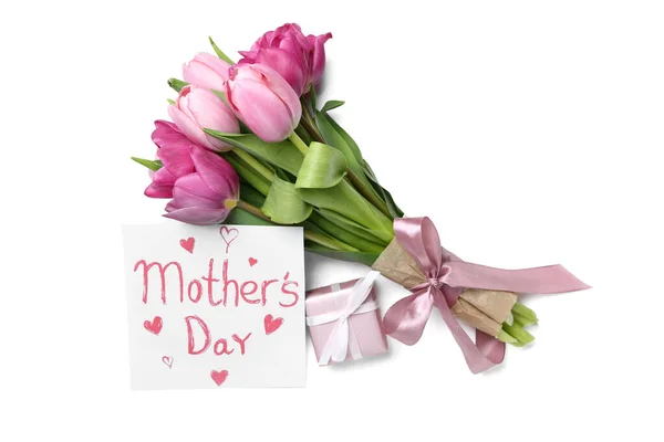 Card Text Mother Day Tulips Gift Box White Background — Photo