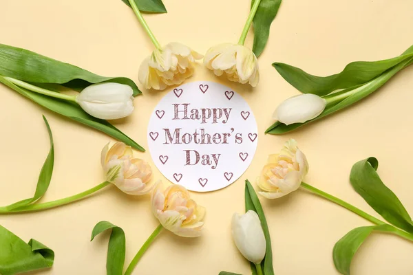 Card Text Happy Mother Day Beautiful Flowers Beige Background — Photo