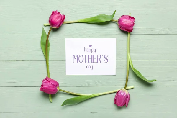 Card Text Happy Mother Day Pink Tulips Color Wooden Background — Photo