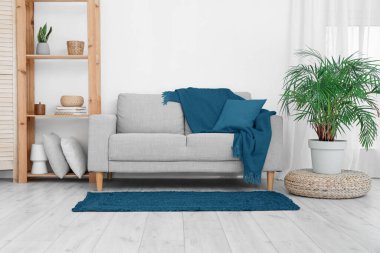 Gri kanepesi, raf ünitesi ve saksısı olan aydınlık oturma odasının içinde.