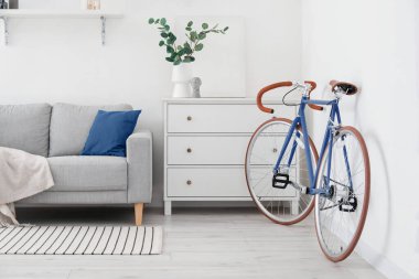 Comfortable sofa, bicycle and chest of drawers in stylish living room 