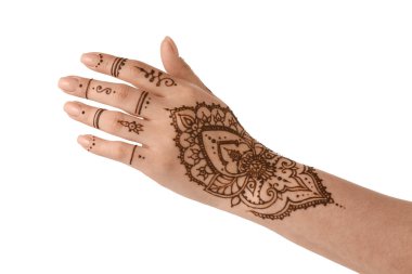 Female hand with henna tattoo on white background, closeup