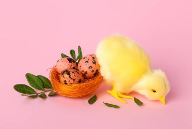 Pembe arka planda şirin sarı tavuk ve Paskalya yumurtaları.