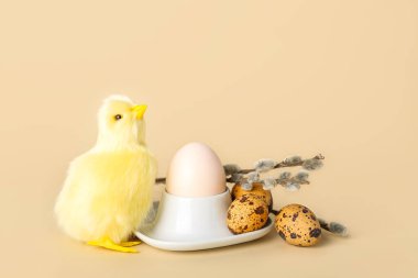 Cute chicken, pussy willow branches and Easter eggs on color background