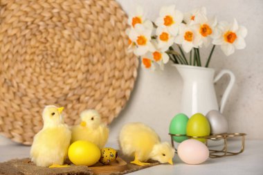 Tatlı tavuklar, Paskalya yumurtaları ve çiçekler ışık masasında.