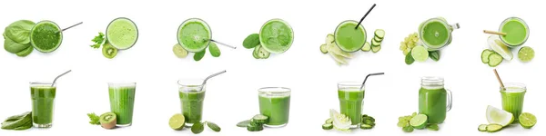 白い背景に健康的な緑のジュースのセット — ストック写真