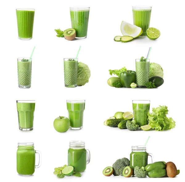 白い背景に健康的な緑のジュースのセット — ストック写真