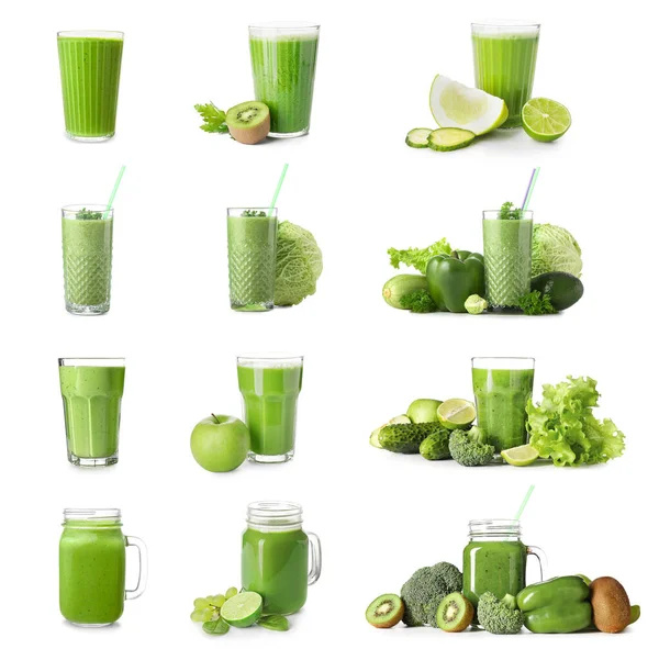 Conjunto Jugos Verdes Saludables Sobre Fondo Blanco — Foto de Stock