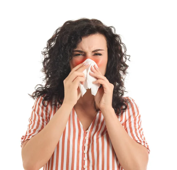 Sneezing Young Woman White Background — стоковое фото