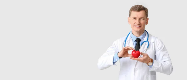 Male Cardiologist Holding Red Heart Light Background Space Text — Fotografia de Stock