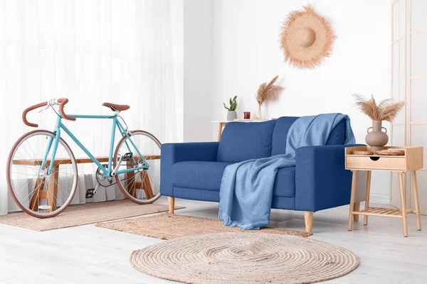 Comfortable Sofa Bicycle Table Stylish Living Room — Foto Stock