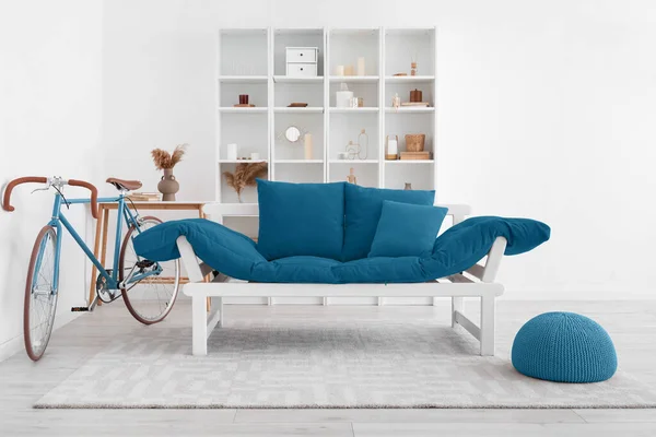 Comfortable Sofa Bicycle Shelving Unit Stylish Living Room — стоковое фото