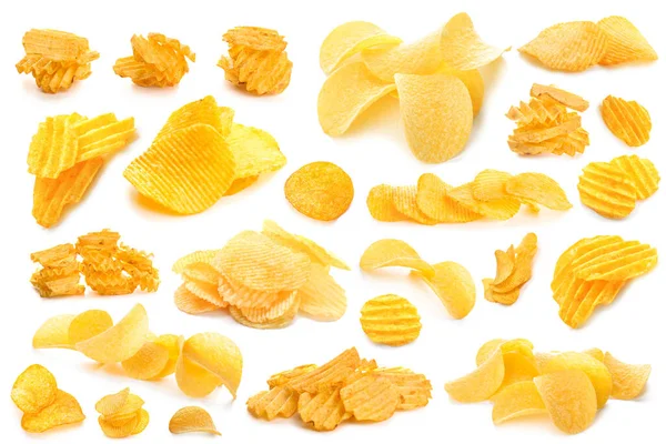 Different Tasty Potato Chips White Background — Fotografia de Stock