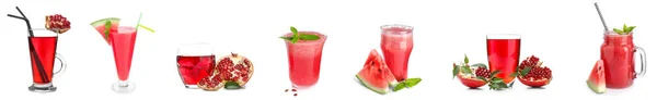 Set Gläser Mit Leckeren Granatapfel Und Wassermelonensaft Auf Weißem Hintergrund — Stockfoto