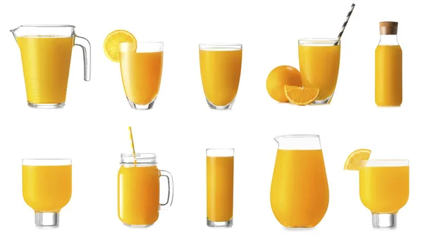Many Glassware Tasty Orange Juice Isolated White — Stock Photo, Image