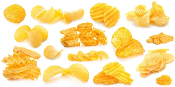 Different Tasty Potato Chips White Background — Fotografia de Stock