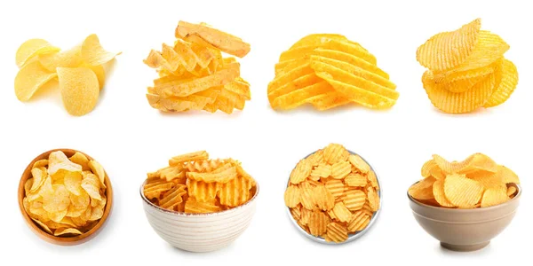 Different Tasty Potato Chips White Background — Fotografia de Stock