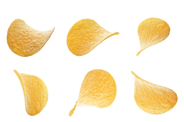 Літаючі Смачні Картопляні Чіпси Білому Тлі — стокове фото