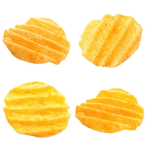 Flying Tasty Potato Chips White Background — Stock Photo, Image