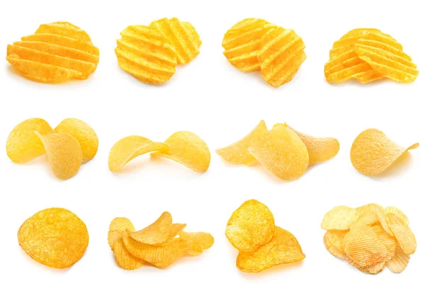 Different Tasty Potato Chips White Background — Stock Photo, Image
