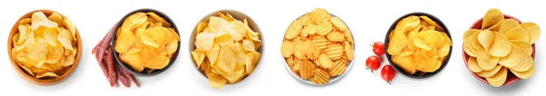 Skål Med Olika Välsmakande Chips Vit Bakgrund Ovanifrån — Stockfoto
