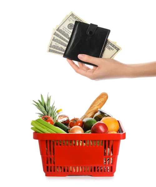 Shopping Basket Products Female Hand Holding Wallet White Background Food — Zdjęcie stockowe