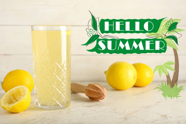 Glass Tasty Lemon Juice Table Hello Summer — Φωτογραφία Αρχείου