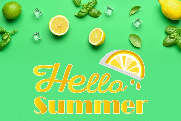 Basil Leaves Ice Cubes Citrus Fruits Green Background Hello Summer — Fotografia de Stock